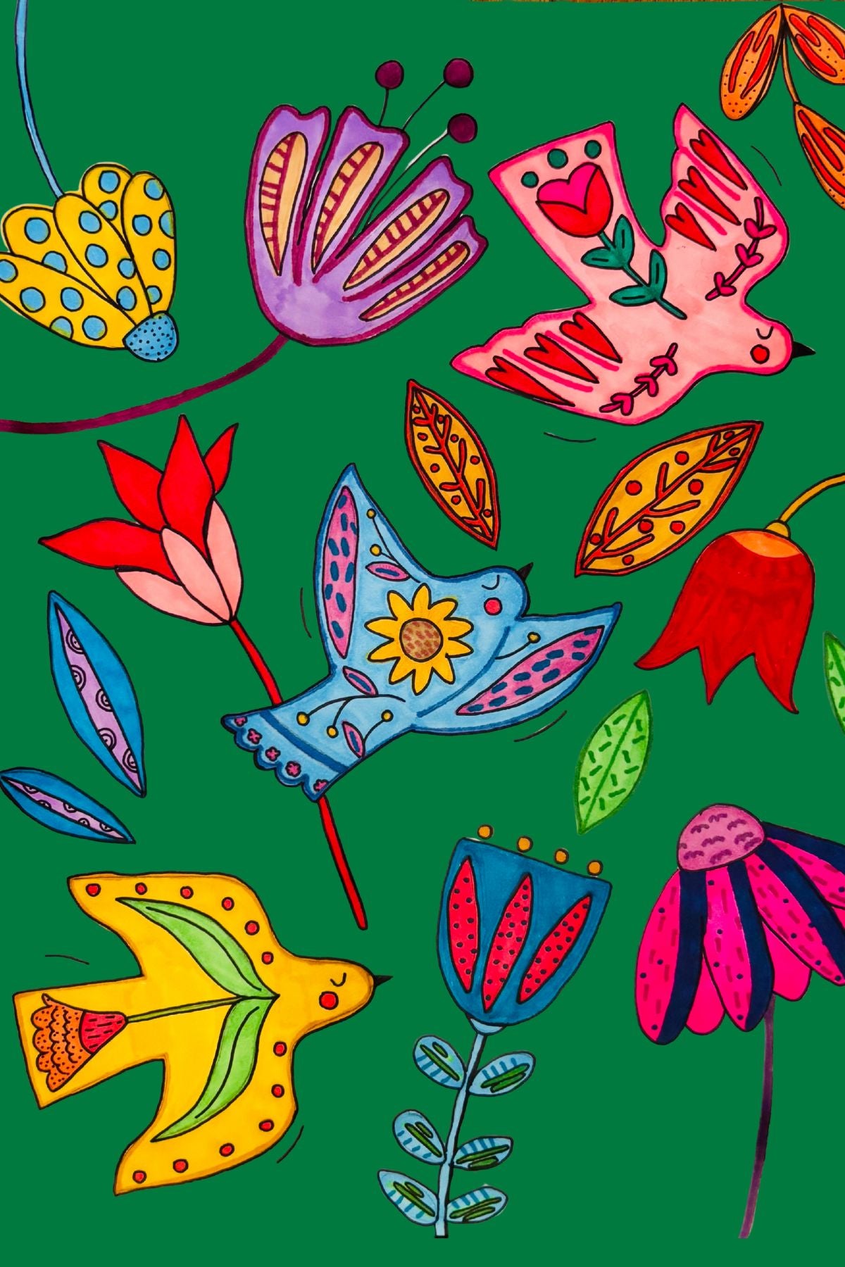 Floral Bird Trio Green Greeting Card