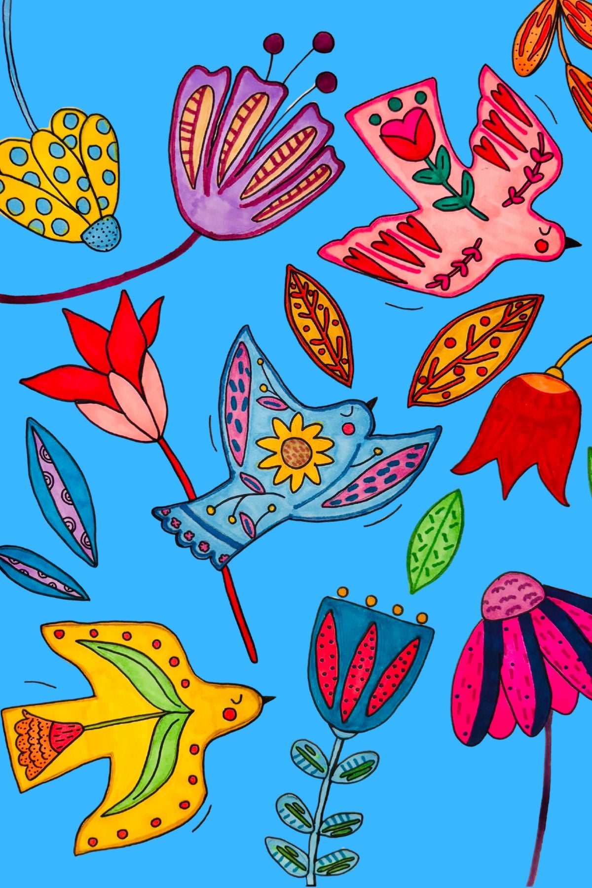 Floral Bird Trio Light Blue Greeting Card