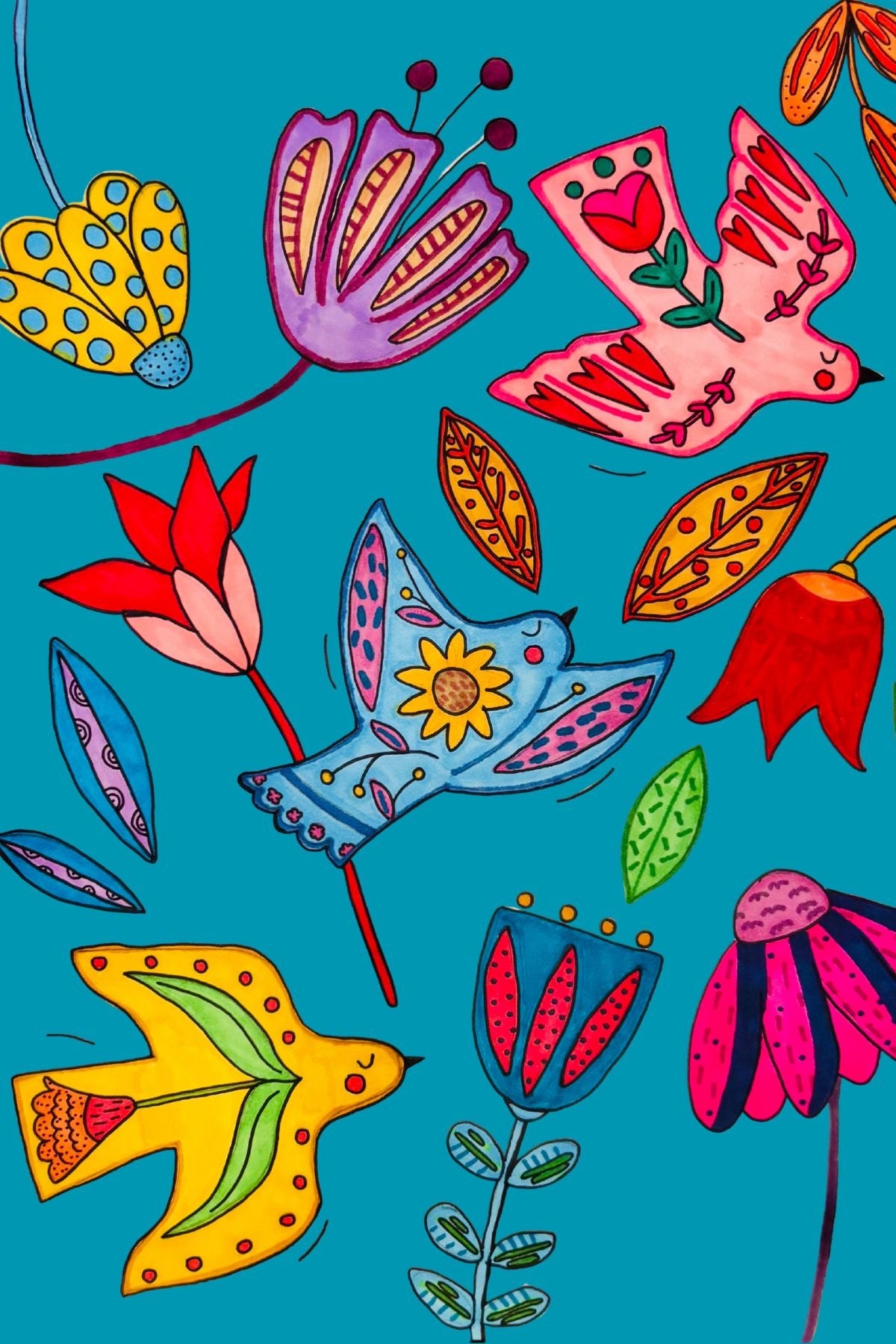 Floral Bird Trio Teal Greeting Card