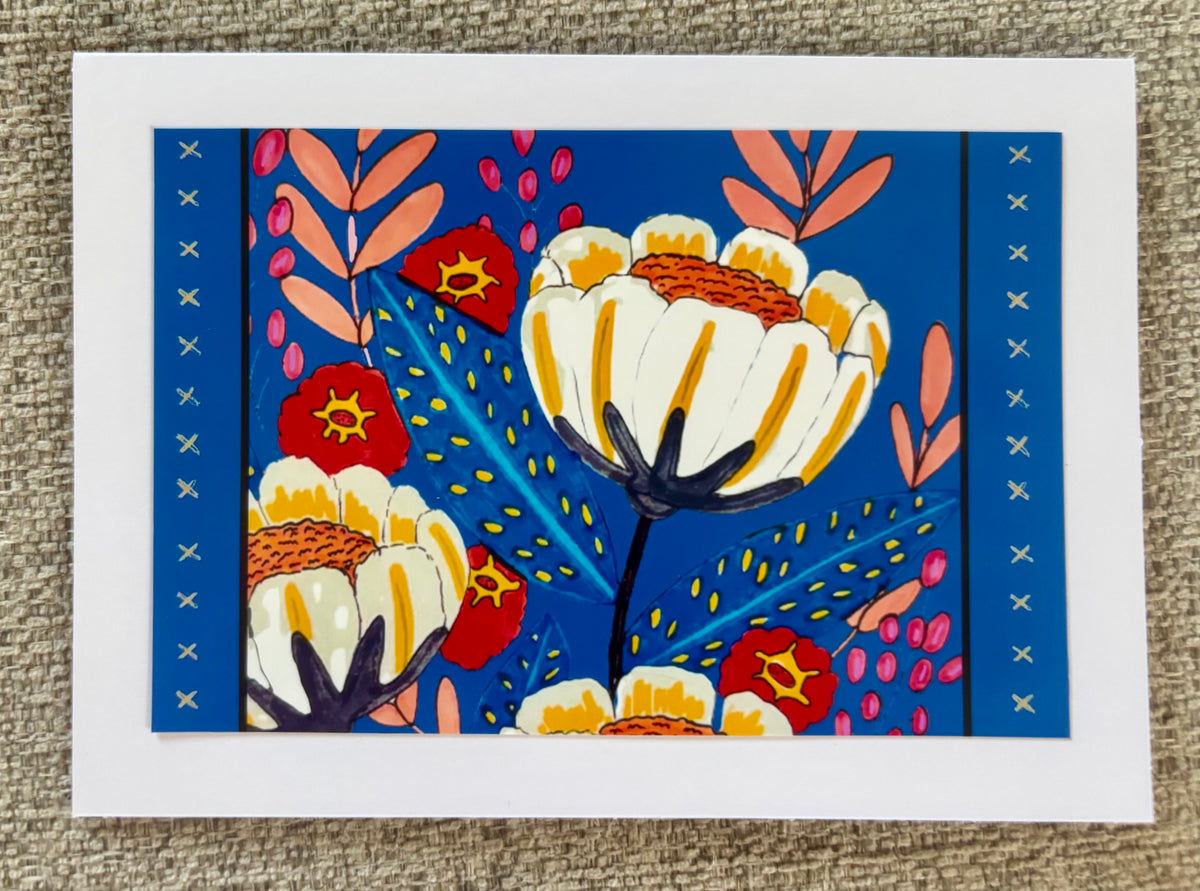 Red & White Florals Blue Background Greeting Card