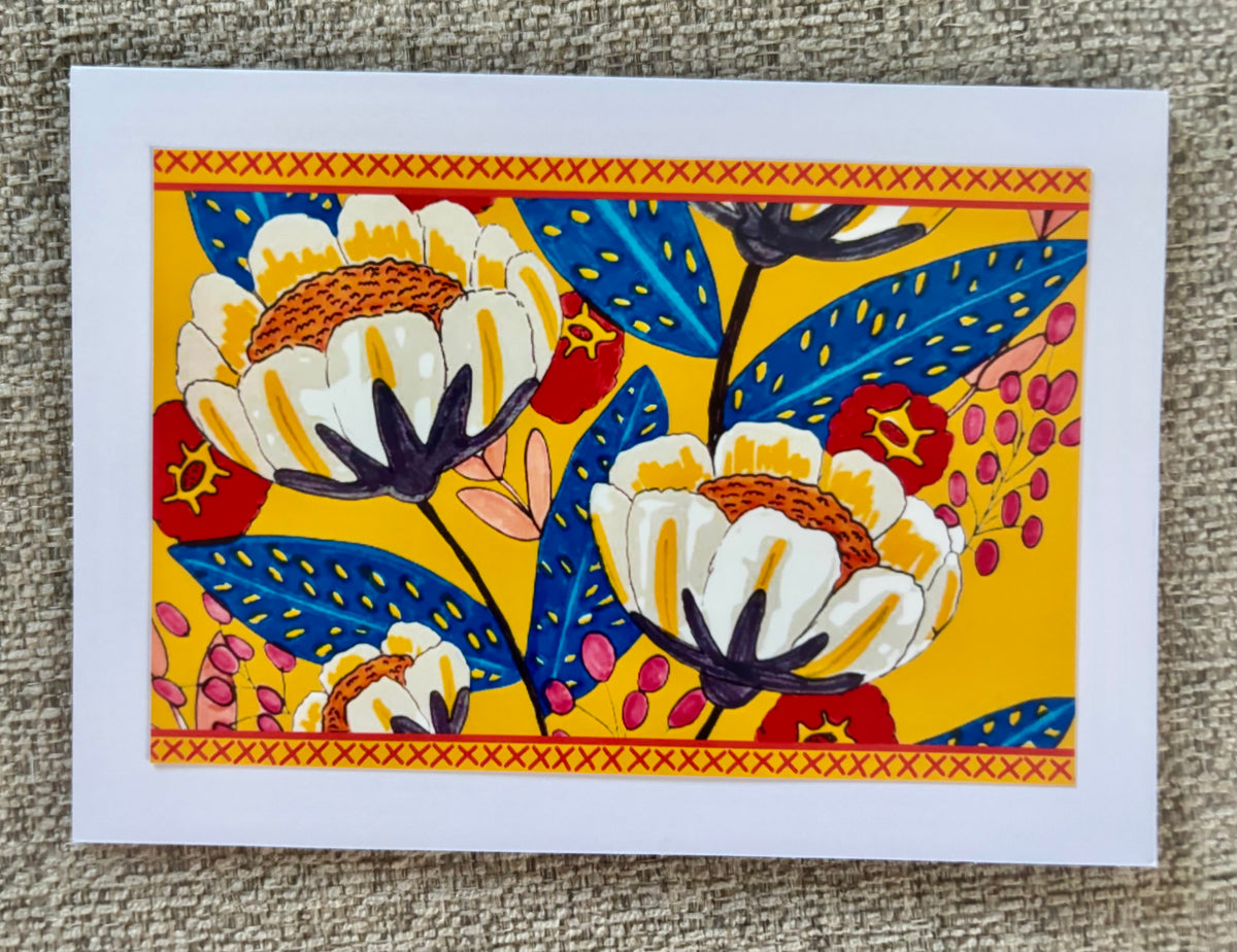 Red & White Florals Yellow Background Greeting Card