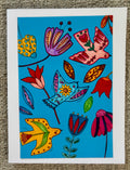 Floral Bird Trio Blue Greeting Card
