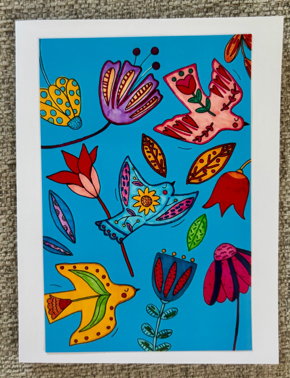 Floral Bird Trio Blue Greeting Card