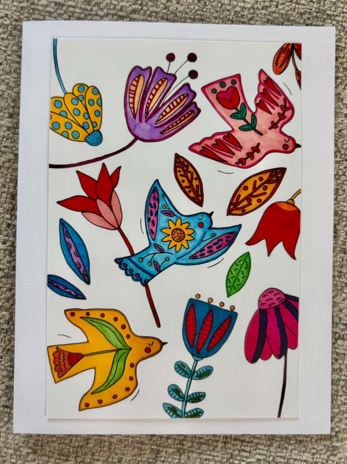 Floral Bird Trio White Greeting Card