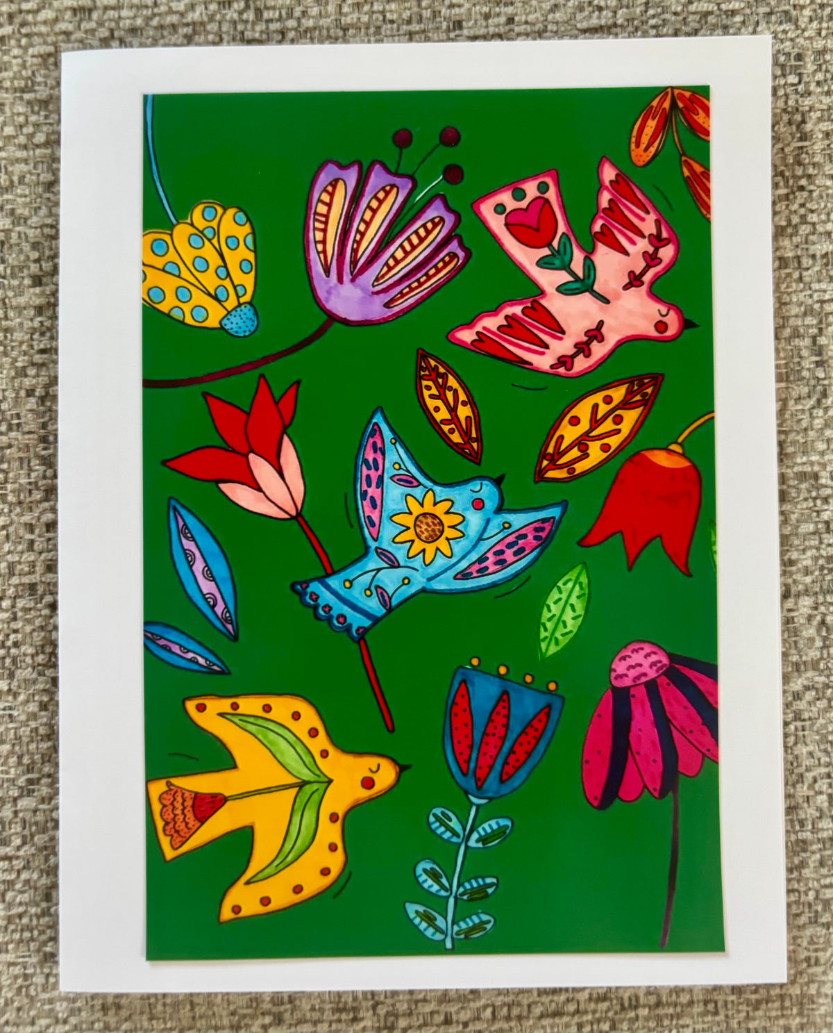 Floral Bird Trio Green Greeting Card